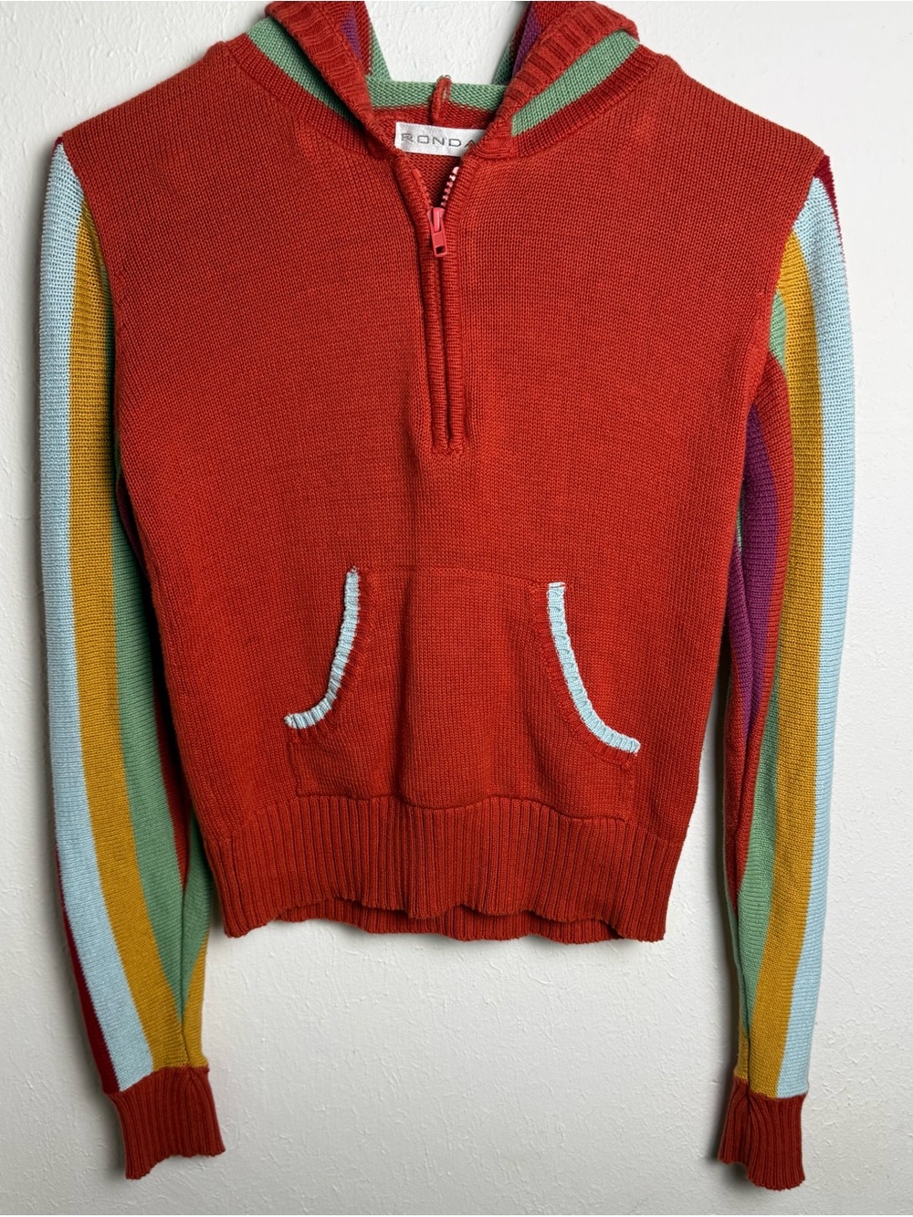 Red Half-Zip Hooded Sweater with Multi-Stripe Sleeves